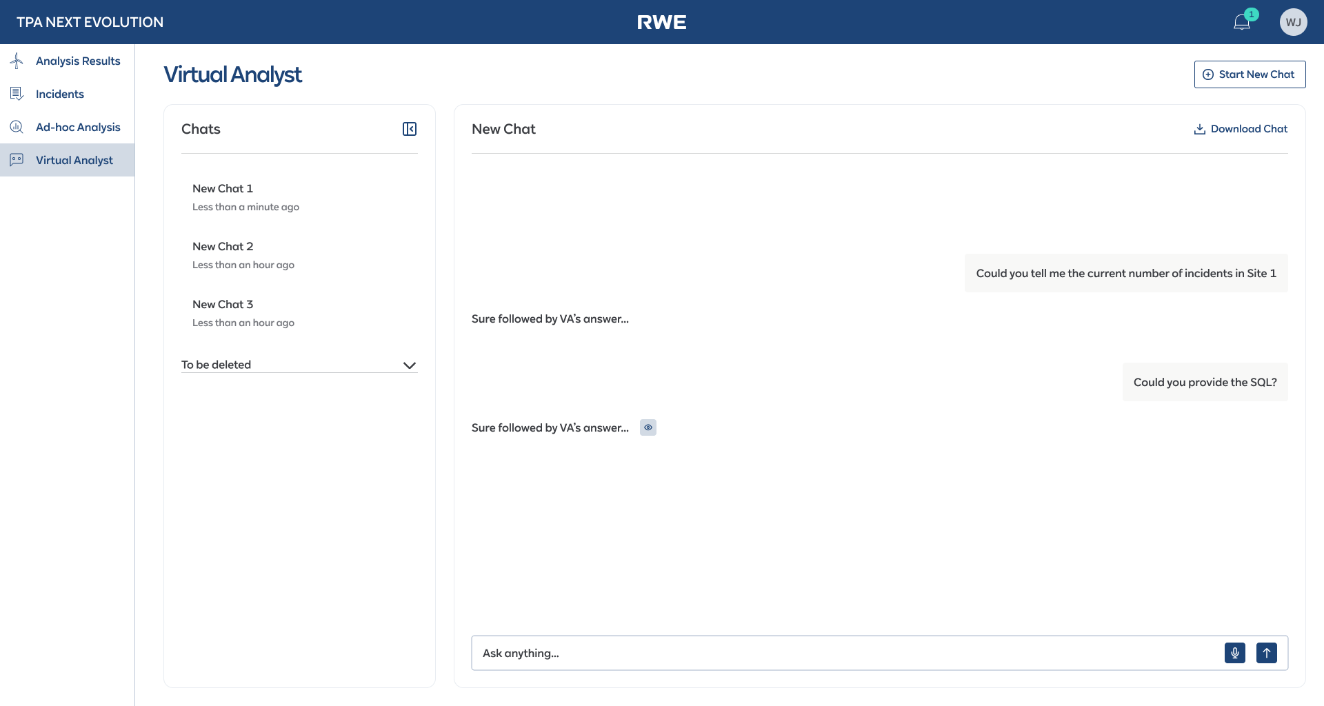Virtual Analyst — AI chatbot with chat history sidebar, NLP querying, show SQL transparency, and Download Chat feature